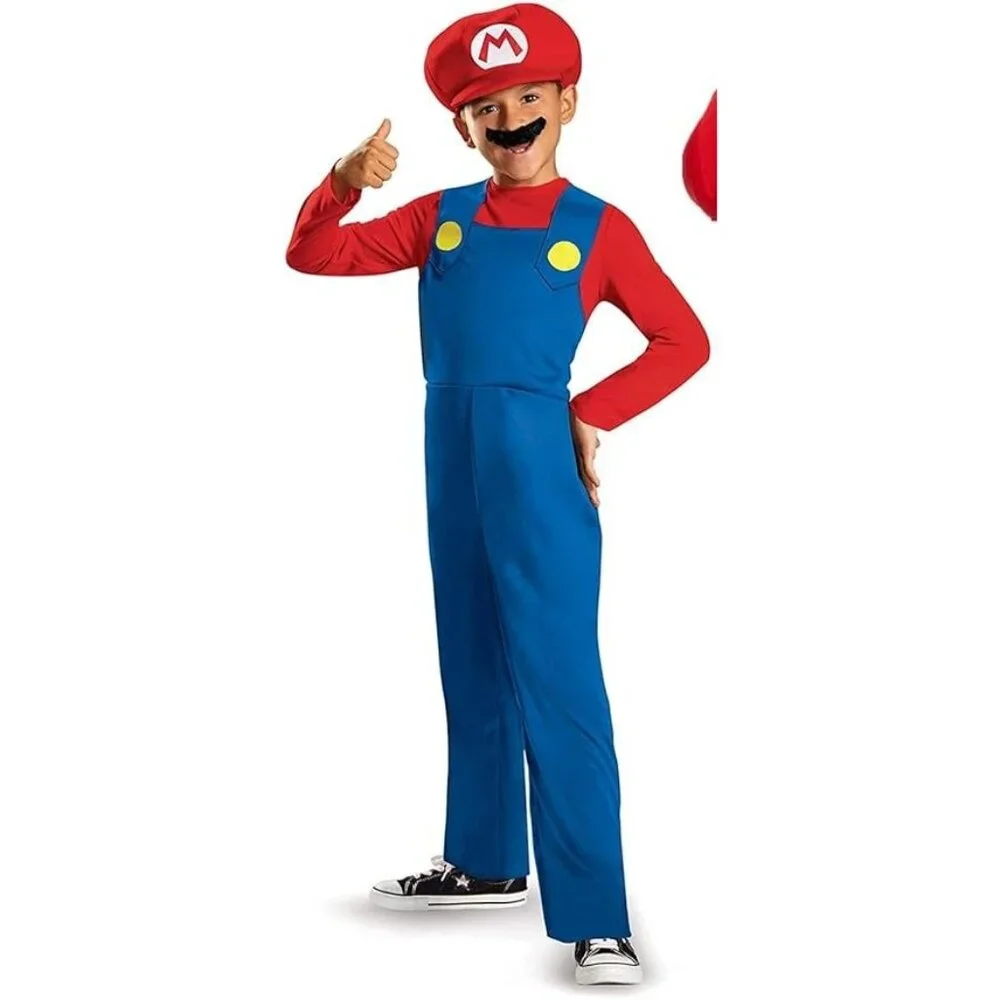 Super Mario Costume Kids 10-12  Jumpsuit Hat Mustache Halloween Nintendo Gaming - Picture 2 of 8